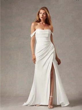 Azazie White Off-Shoulder Strapless Wedding Gown with Side Slit